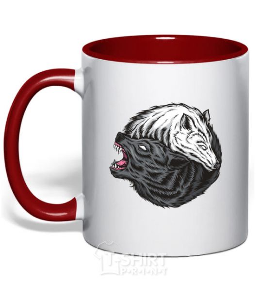 Mug with a colored handle Two wolves red фото