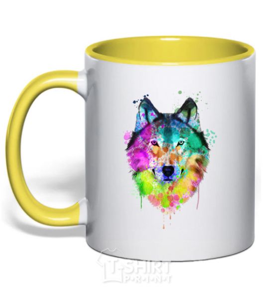 Mug with a colored handle Wolf splashes yellow фото