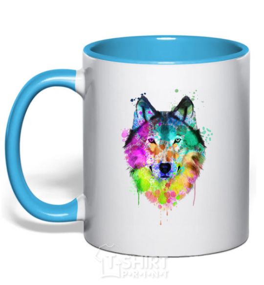 Mug with a colored handle Wolf splashes sky-blue фото
