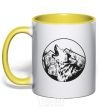 Mug with a colored handle A wolf in a circle yellow фото