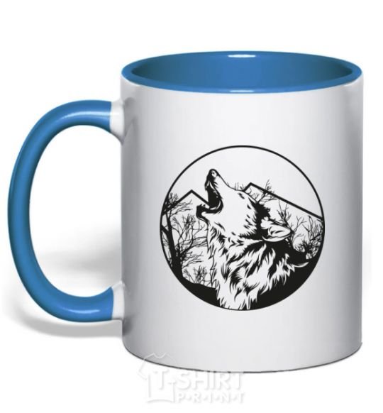 Mug with a colored handle A wolf in a circle royal-blue фото