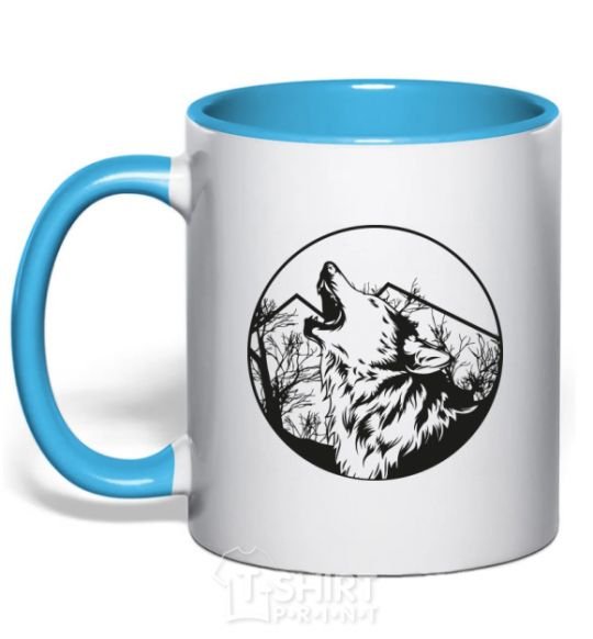 Mug with a colored handle A wolf in a circle sky-blue фото