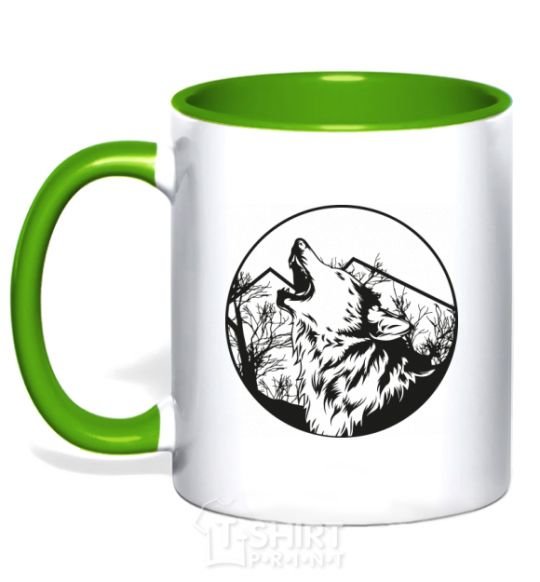 Mug with a colored handle A wolf in a circle kelly-green фото