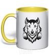 Mug with a colored handle A wolf in headphones yellow фото