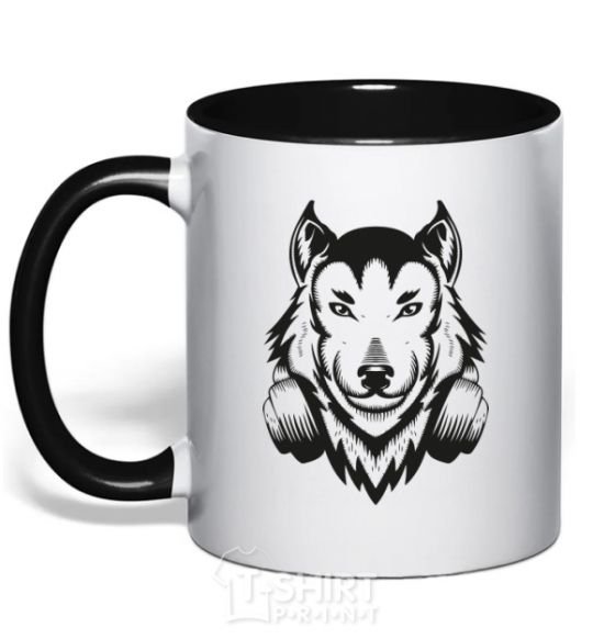 Mug with a colored handle A wolf in headphones black фото