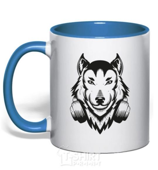 Mug with a colored handle A wolf in headphones royal-blue фото