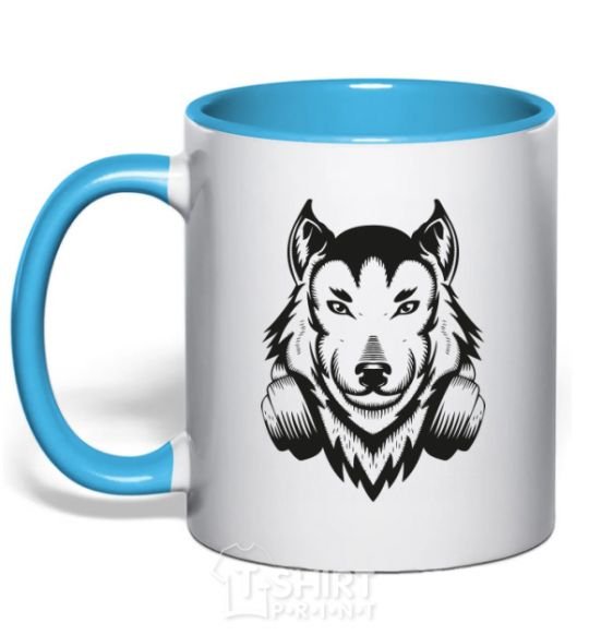 Mug with a colored handle A wolf in headphones sky-blue фото