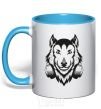 Mug with a colored handle A wolf in headphones sky-blue фото