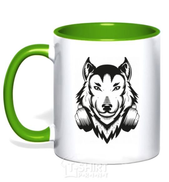 Mug with a colored handle A wolf in headphones kelly-green фото