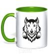 Mug with a colored handle A wolf in headphones kelly-green фото