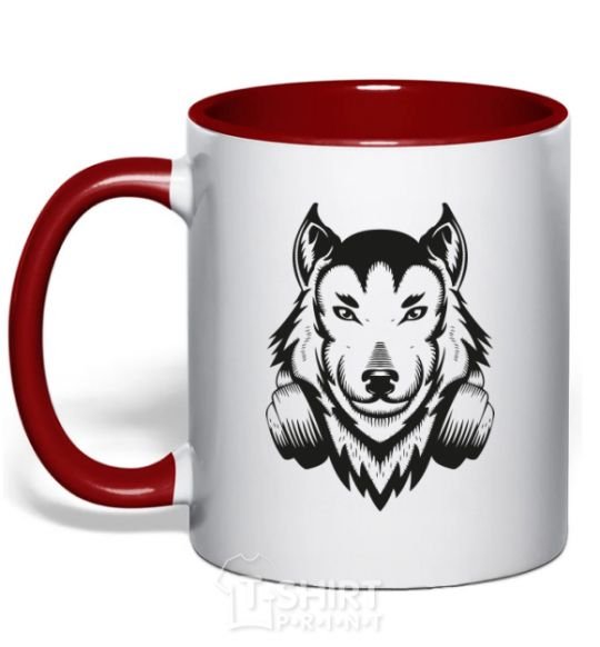 Mug with a colored handle A wolf in headphones red фото