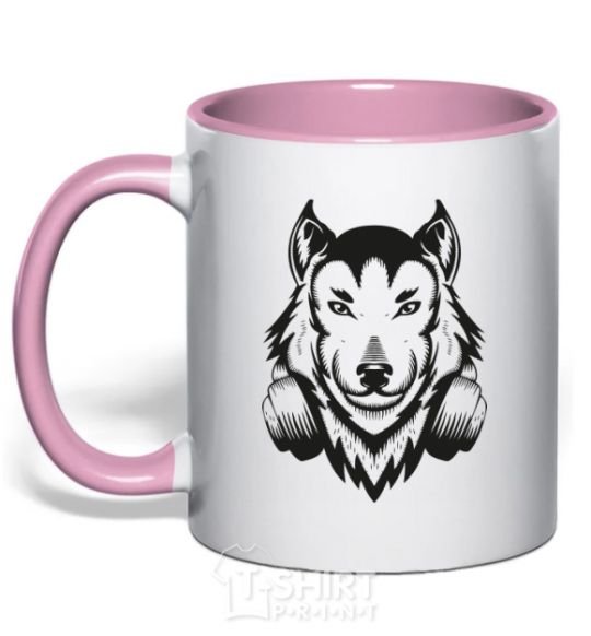 Mug with a colored handle A wolf in headphones light-pink фото