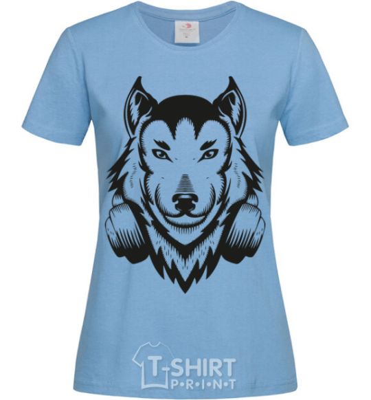 Women's T-shirt A wolf in headphones sky-blue фото