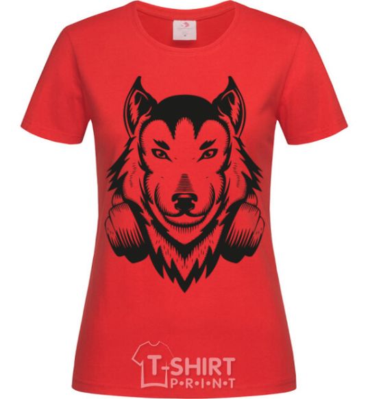 Women's T-shirt A wolf in headphones red фото