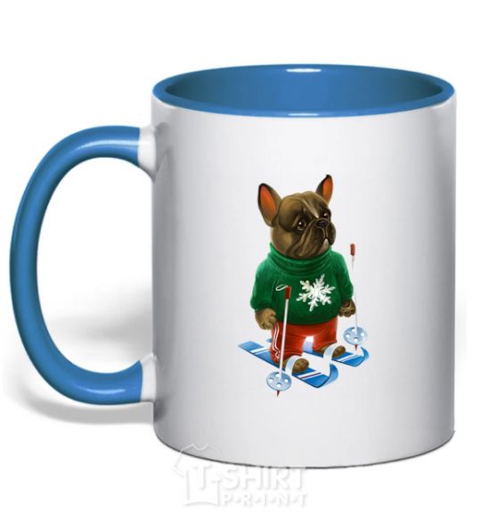 Mug with a colored handle Бульдог на лыжах royal-blue фото