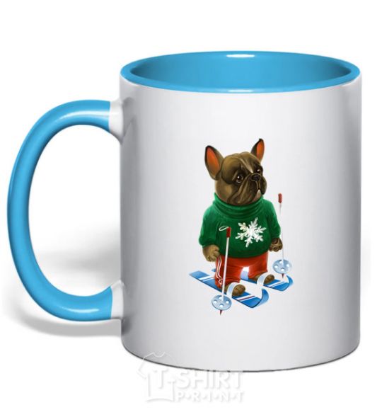 Mug with a colored handle Бульдог на лыжах sky-blue фото