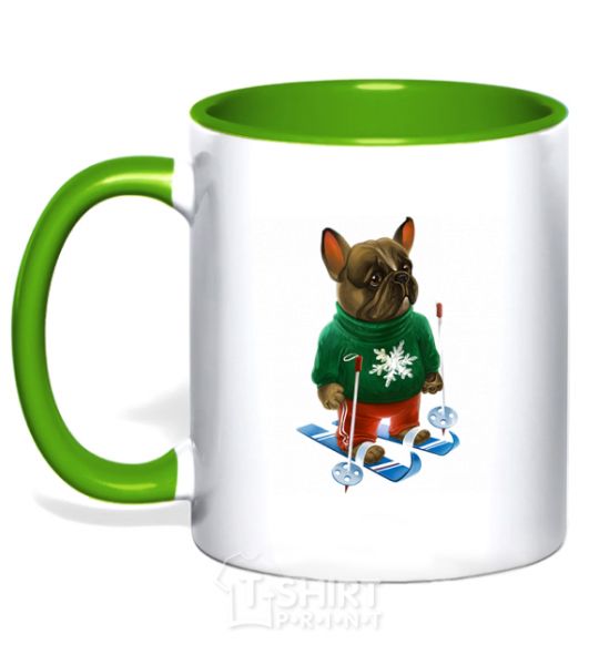 Mug with a colored handle Бульдог на лыжах kelly-green фото