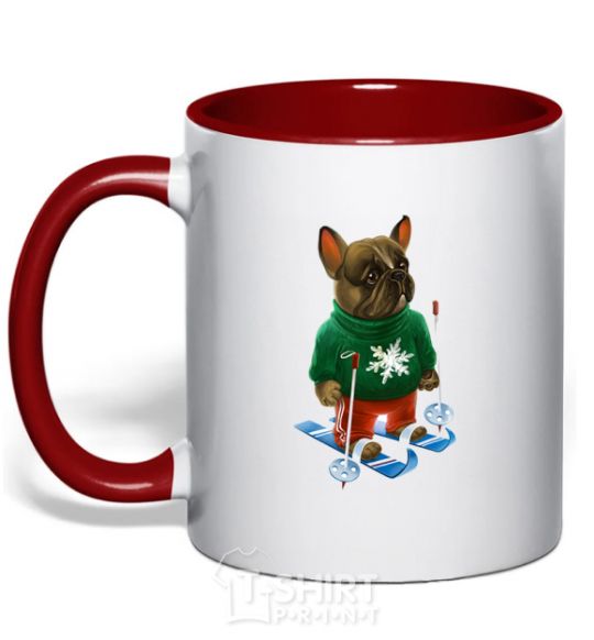 Mug with a colored handle Бульдог на лыжах red фото