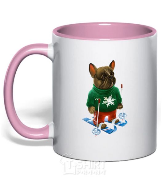 Mug with a colored handle Бульдог на лыжах light-pink фото