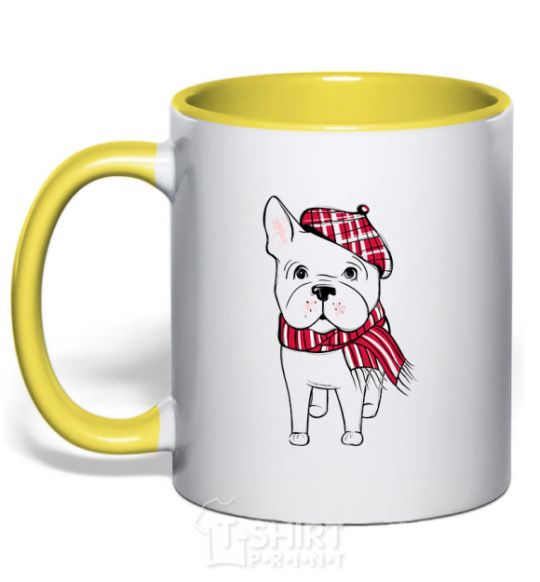 Mug with a colored handle A bulldog in a scarf yellow фото