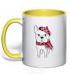 Mug with a colored handle A bulldog in a scarf yellow фото