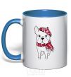 Mug with a colored handle A bulldog in a scarf royal-blue фото