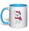 Mug with a colored handle A bulldog in a scarf sky-blue фото