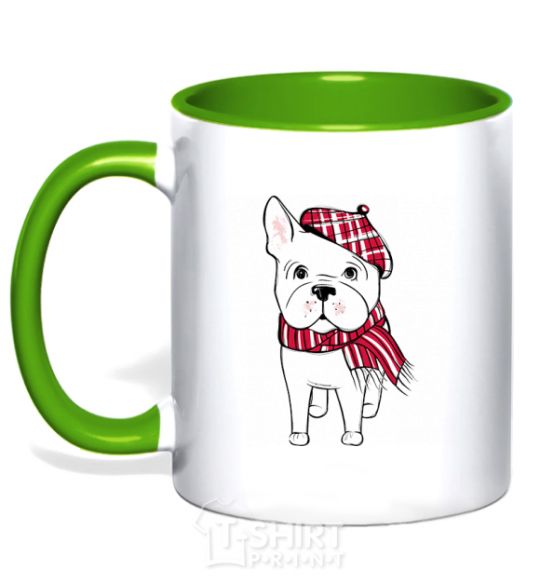 Mug with a colored handle A bulldog in a scarf kelly-green фото