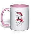 Mug with a colored handle A bulldog in a scarf light-pink фото