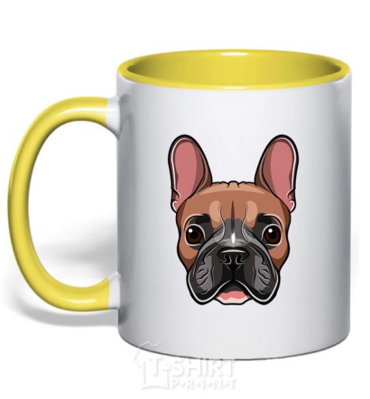 Mug with a colored handle Bulldog face painting yellow фото