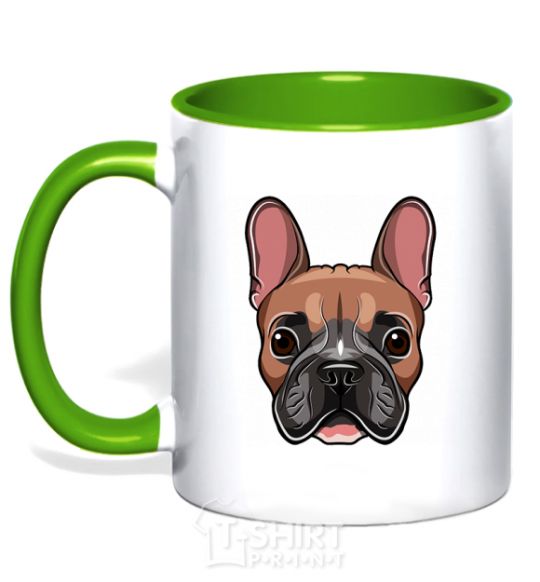 Mug with a colored handle Bulldog face painting kelly-green фото