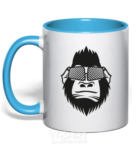 Mug with a colored handle Gorilla in glasses sky-blue фото