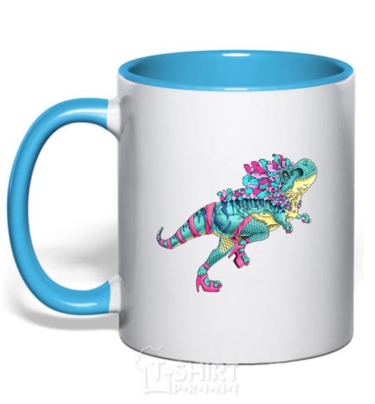 Mug with a colored handle T-Rex cabaret sky-blue фото