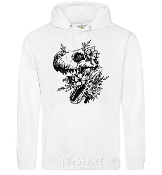 Men`s hoodie T-Rex skull in flowers White фото