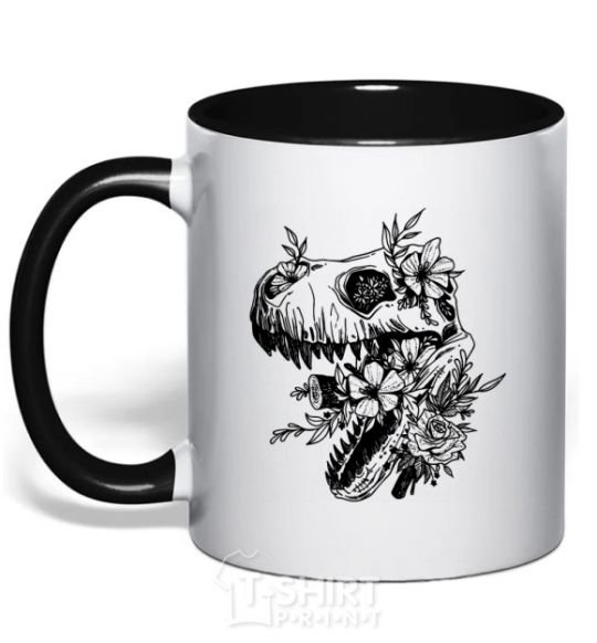 Mug with a colored handle T-Rex skull in flowers black фото