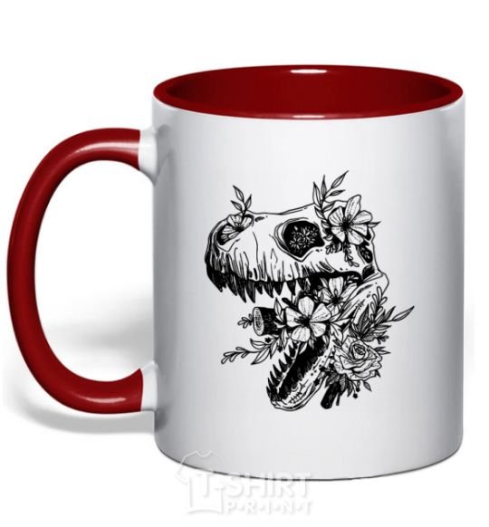 Mug with a colored handle T-Rex skull in flowers red фото