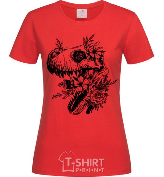 Women's T-shirt T-Rex skull in flowers red фото