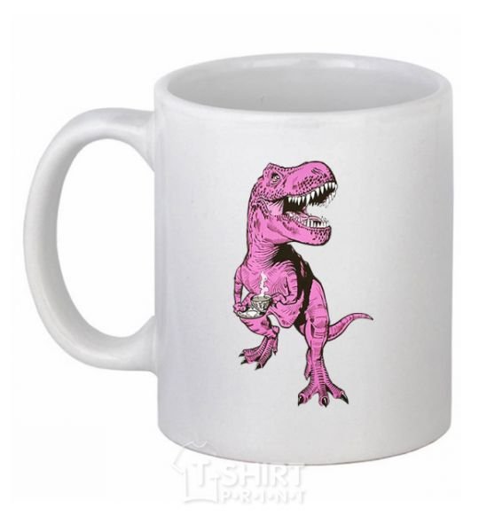 Ceramic mug A dinosaur with a cup of coffee White фото