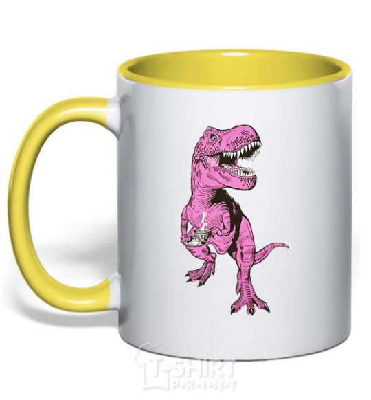 Mug with a colored handle A dinosaur with a cup of coffee yellow фото