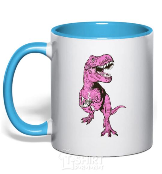 Mug with a colored handle A dinosaur with a cup of coffee sky-blue фото