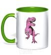 Mug with a colored handle A dinosaur with a cup of coffee kelly-green фото
