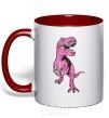 Mug with a colored handle A dinosaur with a cup of coffee red фото