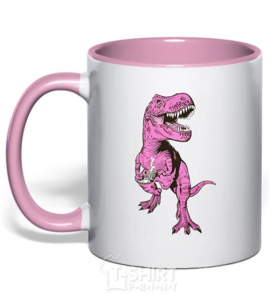 Mug with a colored handle A dinosaur with a cup of coffee light-pink фото