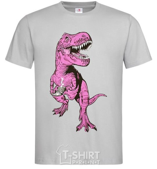 Men's T-Shirt A dinosaur with a cup of coffee grey фото