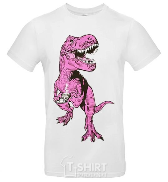 Men's T-Shirt A dinosaur with a cup of coffee White фото