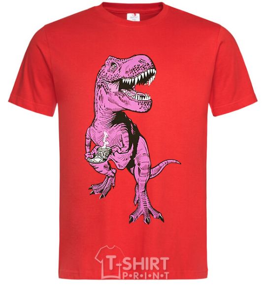 Men's T-Shirt A dinosaur with a cup of coffee red фото