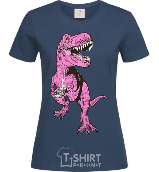 Women's T-shirt A dinosaur with a cup of coffee navy-blue фото