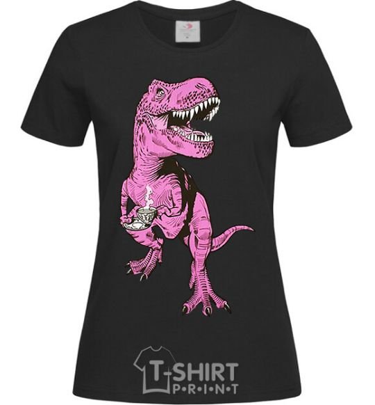 Women's T-shirt A dinosaur with a cup of coffee black фото