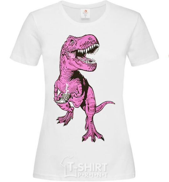 Women's T-shirt A dinosaur with a cup of coffee White фото