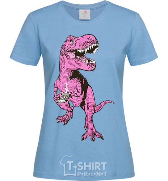 Women's T-shirt A dinosaur with a cup of coffee sky-blue фото
